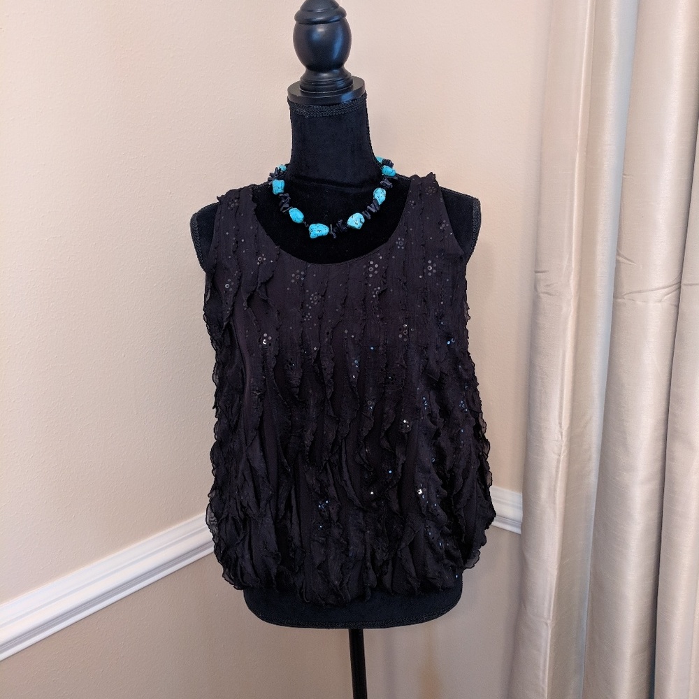Monaco Black Sleeveless Layered Ruffle   Top Sequin Accents Elastic Waist Sz Sm